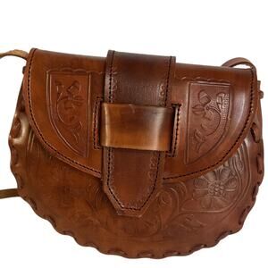 Vintage Mexican Tooled Leather Crossbody Bag Brown Floral Artisan Saddle Bag